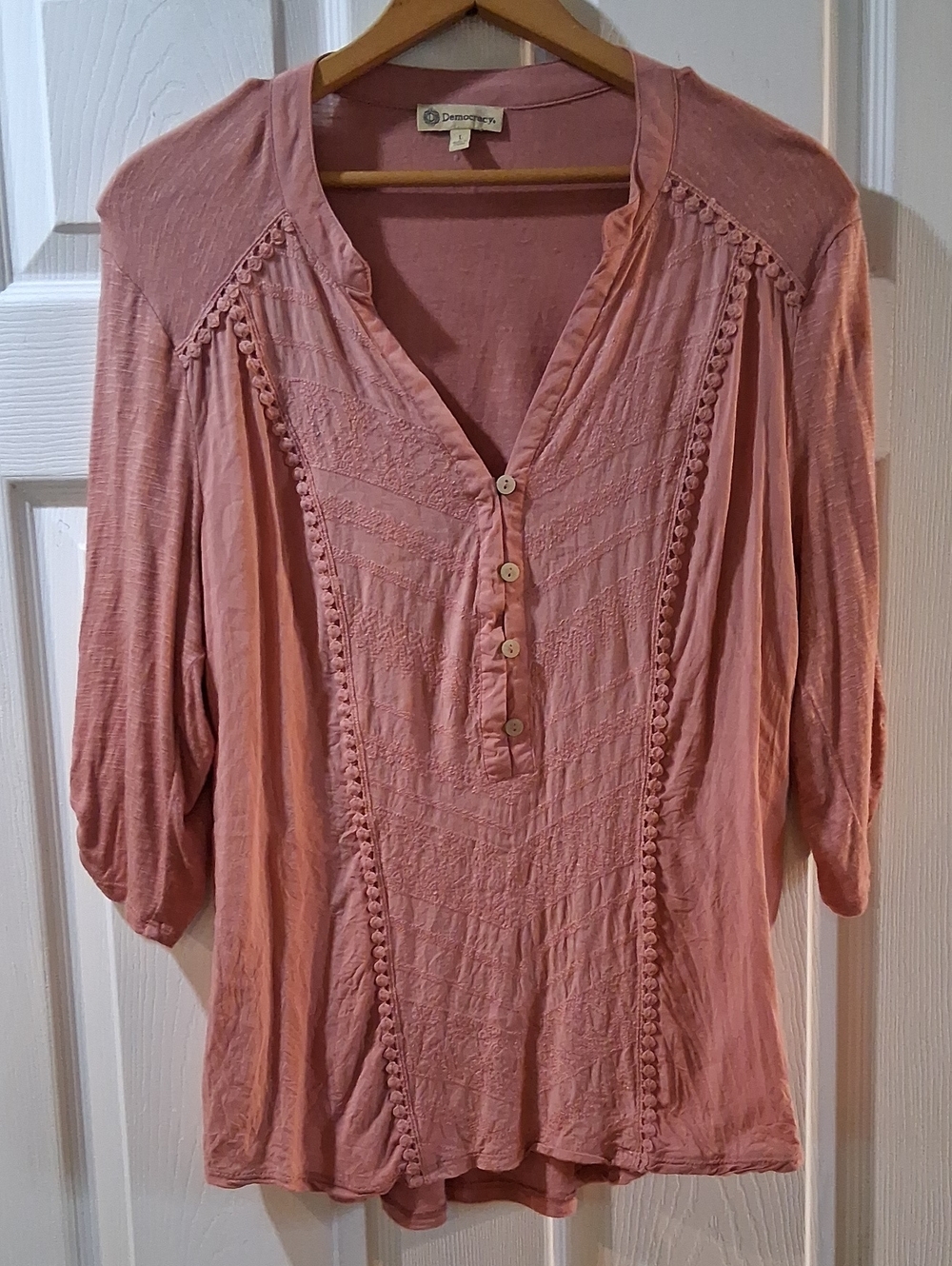 Democracy Pink Crochet-Trim Peasant Top